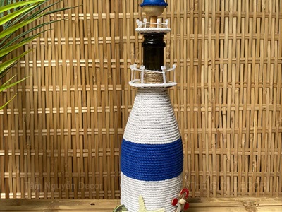 Ngọn hải đăng chai thuỷ tinh Handmade đính sò ốc [Thủ công - Sò ốc thật] C35cm CHAILO-HM-07